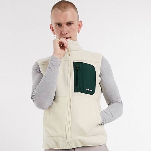 ONLY & SONS Cream And Green Fleece Zip Up Jacket Vest Size Medium NWT - Picture 1 of 4